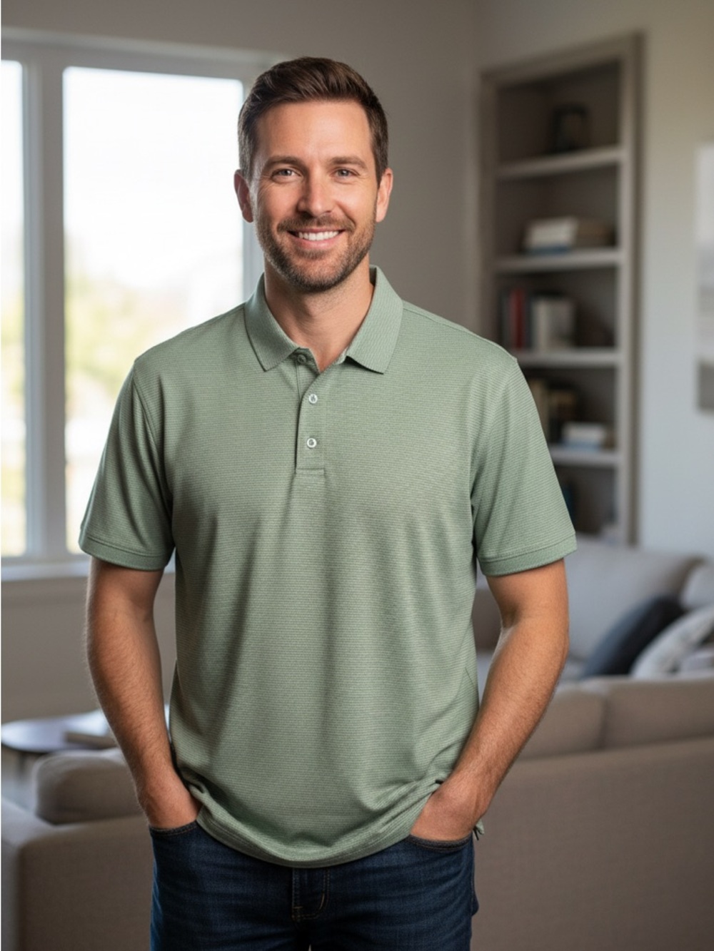 Johnston & Murphy Vintage Slub Men's Sage Green and White Striped Polo Shirt